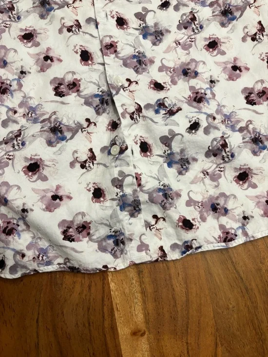 RW&CO. White Floral Dress Shirt with Purple and Blue Accents - Picture 5 of 9